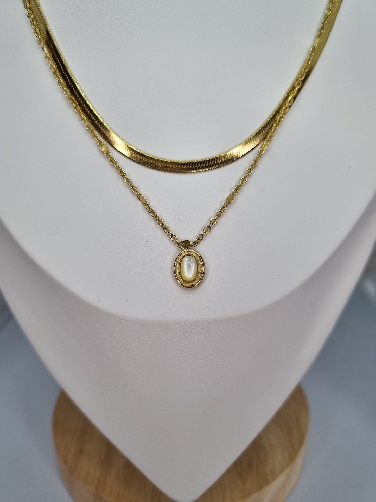 MIRAGE - Collier 2 rangs, maille miroir et forçat , pierre naturelle ovale