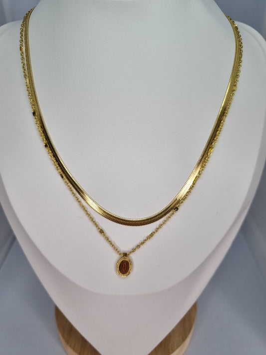 MIRAGE - Collier 2 rangs, maille miroir et forçat , pierre naturelle ovale