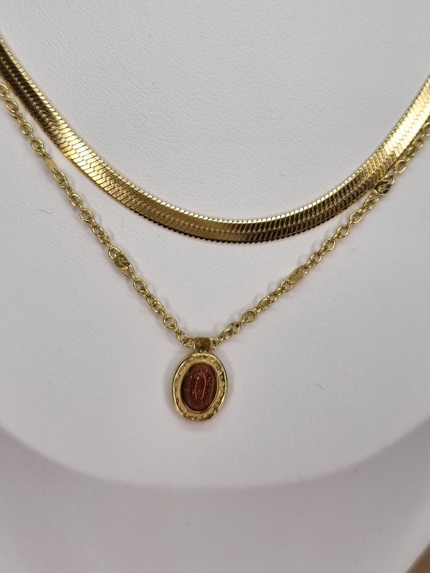 MIRAGE - Collier 2 rangs, maille miroir et forçat , pierre naturelle ovale