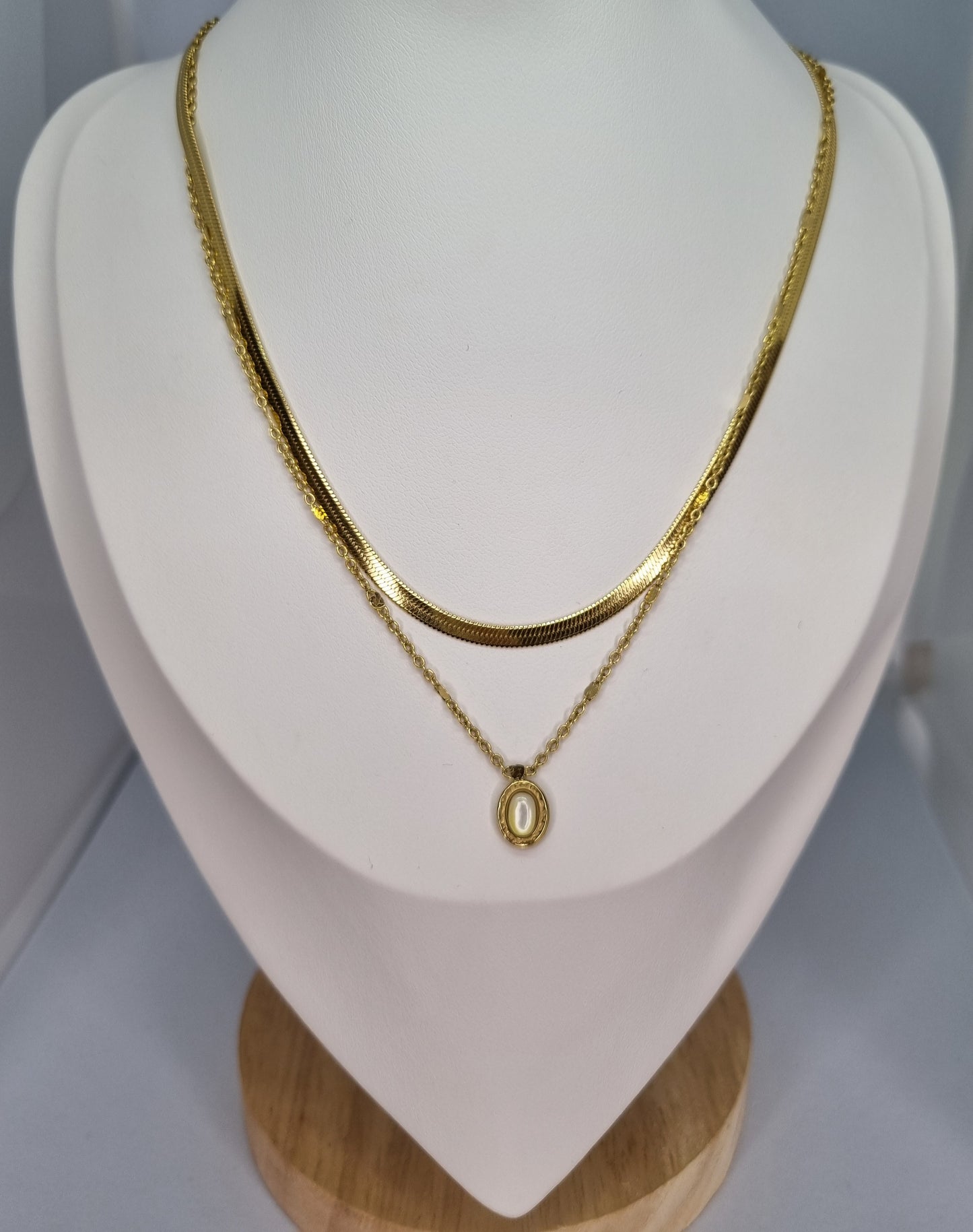 MIRAGE - Collier 2 rangs, maille miroir et forçat , pierre naturelle ovale